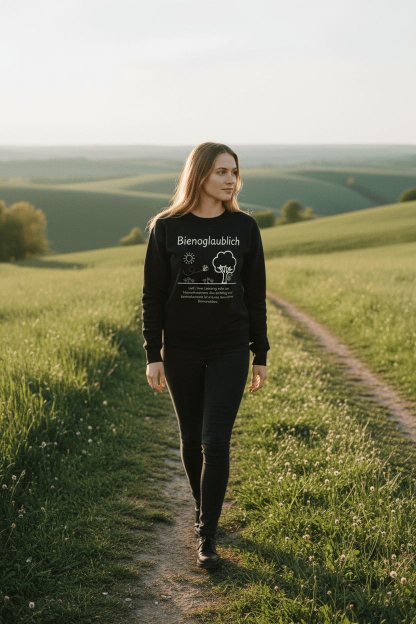 Bienoglaublich Damen Pullover in Black – weißer Aufdruck, Bio-Baumwolle, normale Passform – Wortstolz