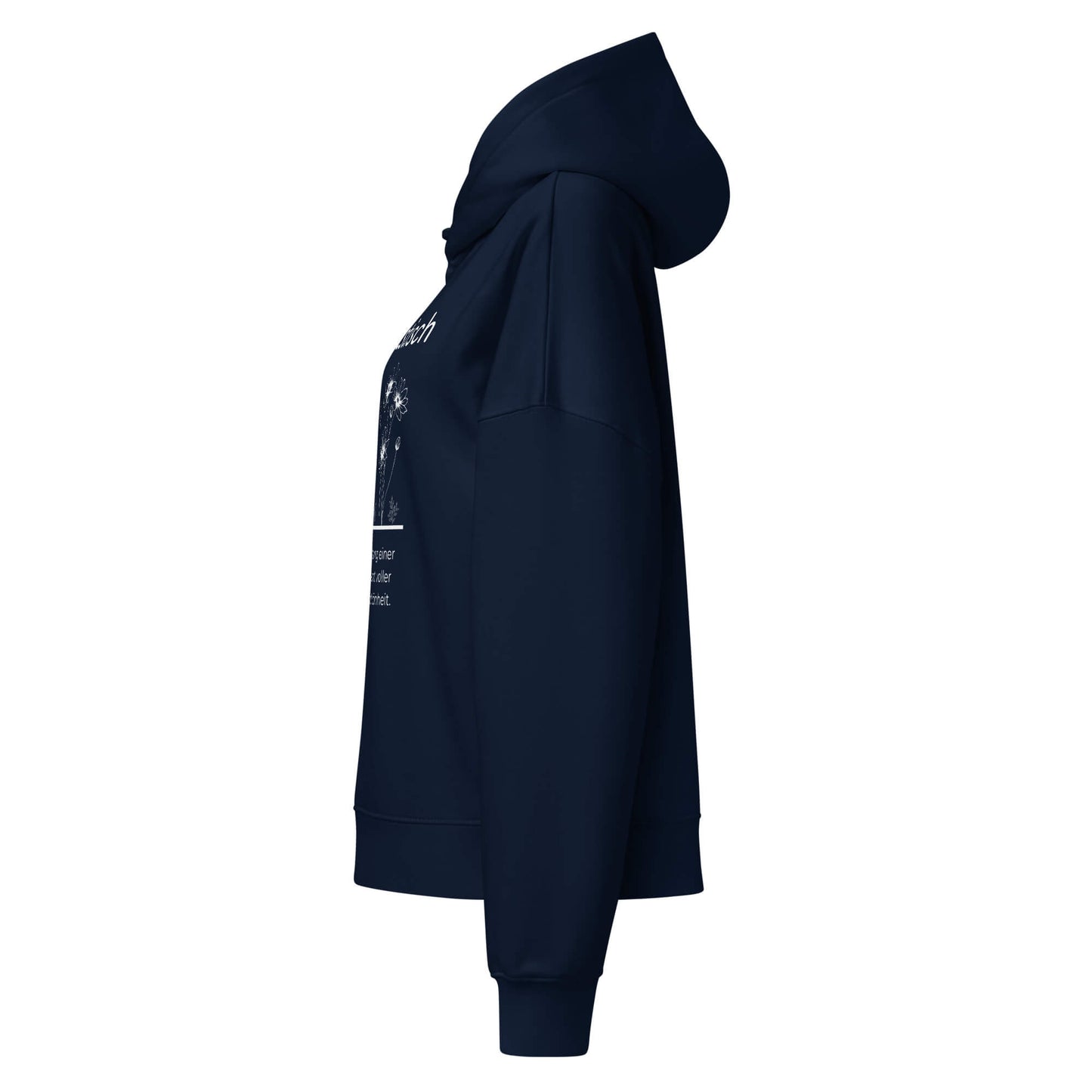 Blumotastisch Damen Hoodie in French Navy – Bio-Baumwolle, femininer Schnitt – Ansicht links – Wortstolz