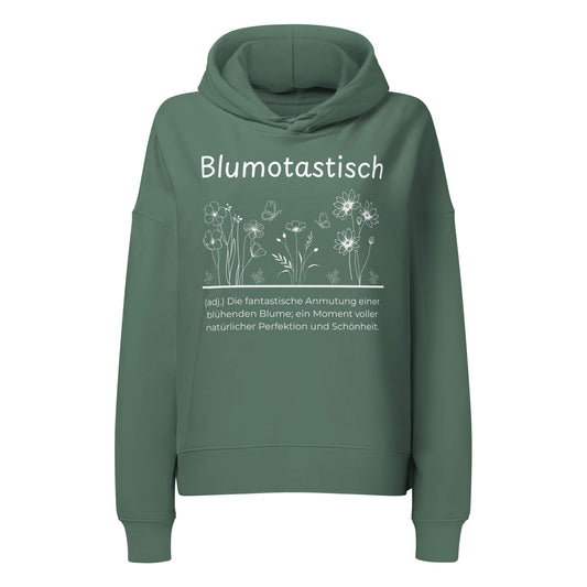 Blumotastisch Damen Hoodie in Green Bay – weißer Aufdruck, Bio-Baumwolle, femininer Schnitt – Wortstolz