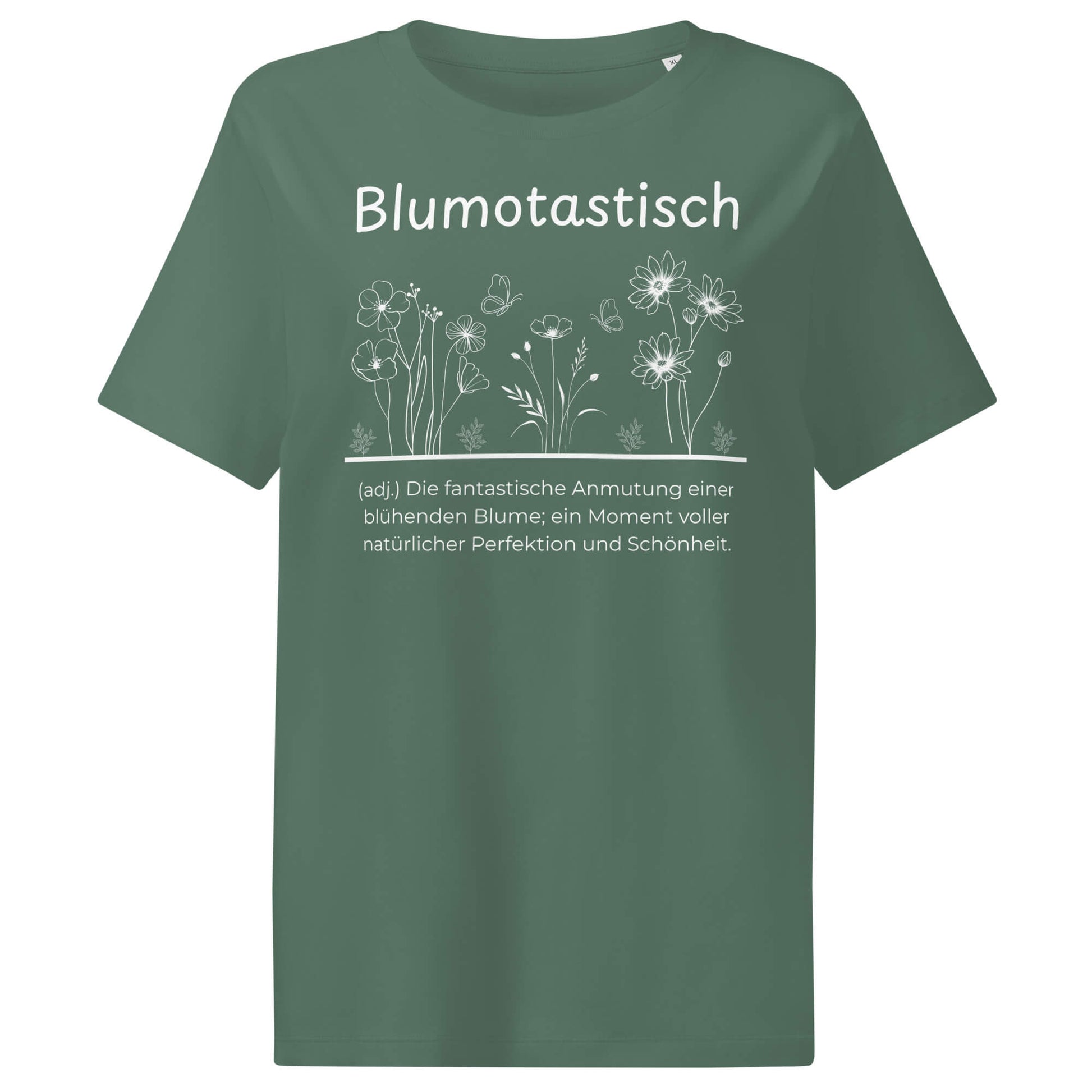 Blumotastisch Damen T-Shirt in Green Bay – weißer Aufdruck, Bio-Baumwolle, femininer Schnitt – Wortstolz