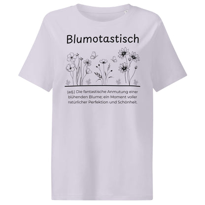 Blumotastisch Damen T-Shirt in Lavender – schwarzer Aufdruck, Bio-Baumwolle, femininer Schnitt – Wortstolz