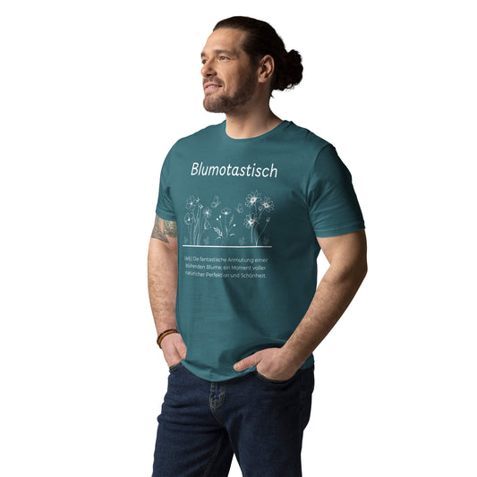 Blumotastisch Herren T-Shirt in Stargazer – weißer Aufdruck, Bio-Baumwolle, Model trägt Größe M – Wortstolz