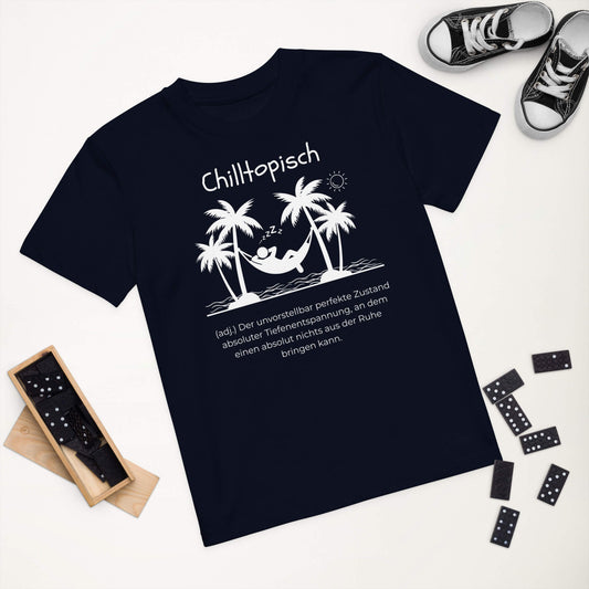 Chilltopisch Kinder-T-Shirt in French Navy – weißer Aufdruck, Bio-Baumwolle, reguläter Schnitt – Lifestyle Wortstolz