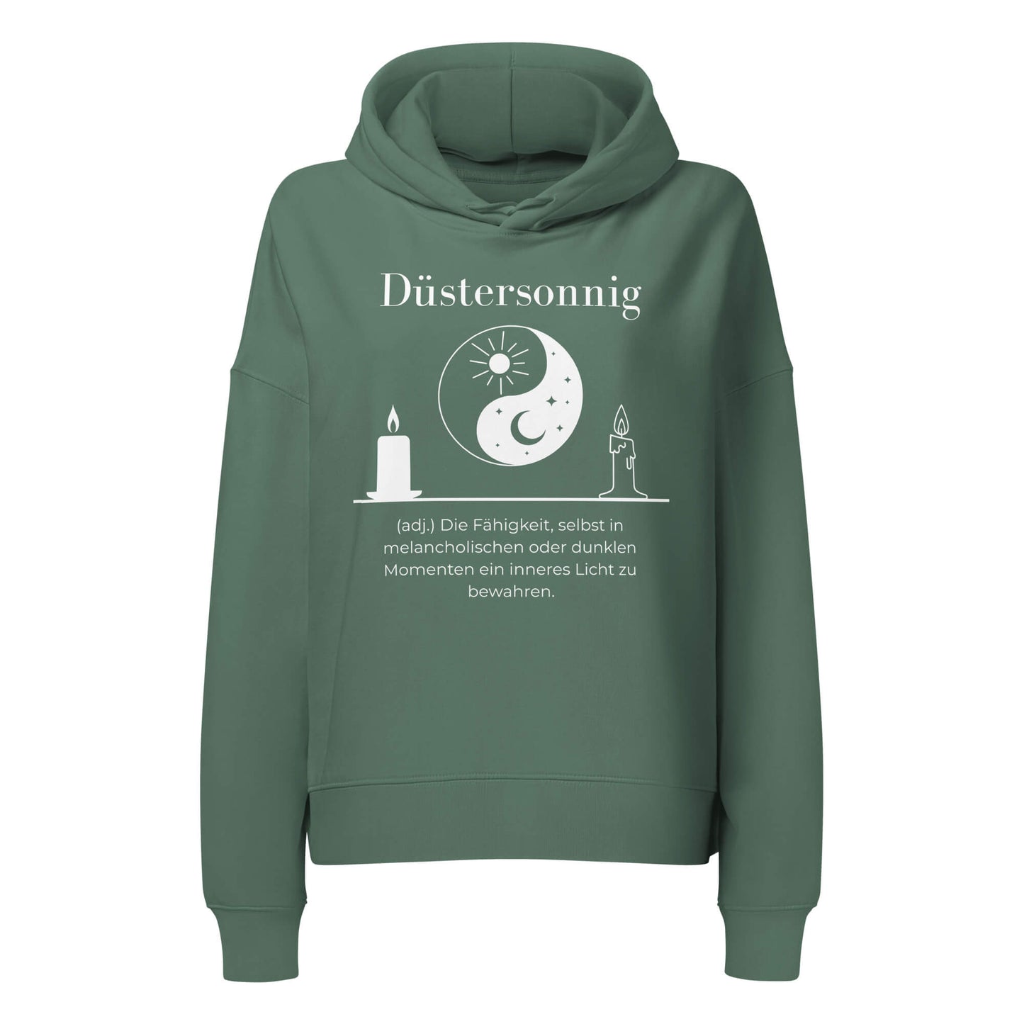 Düstersonnig Damen Hoodie in Green Bay – weißer Aufdruck, Bio-Baumwolle, femininer Schnitt – Wortstolz