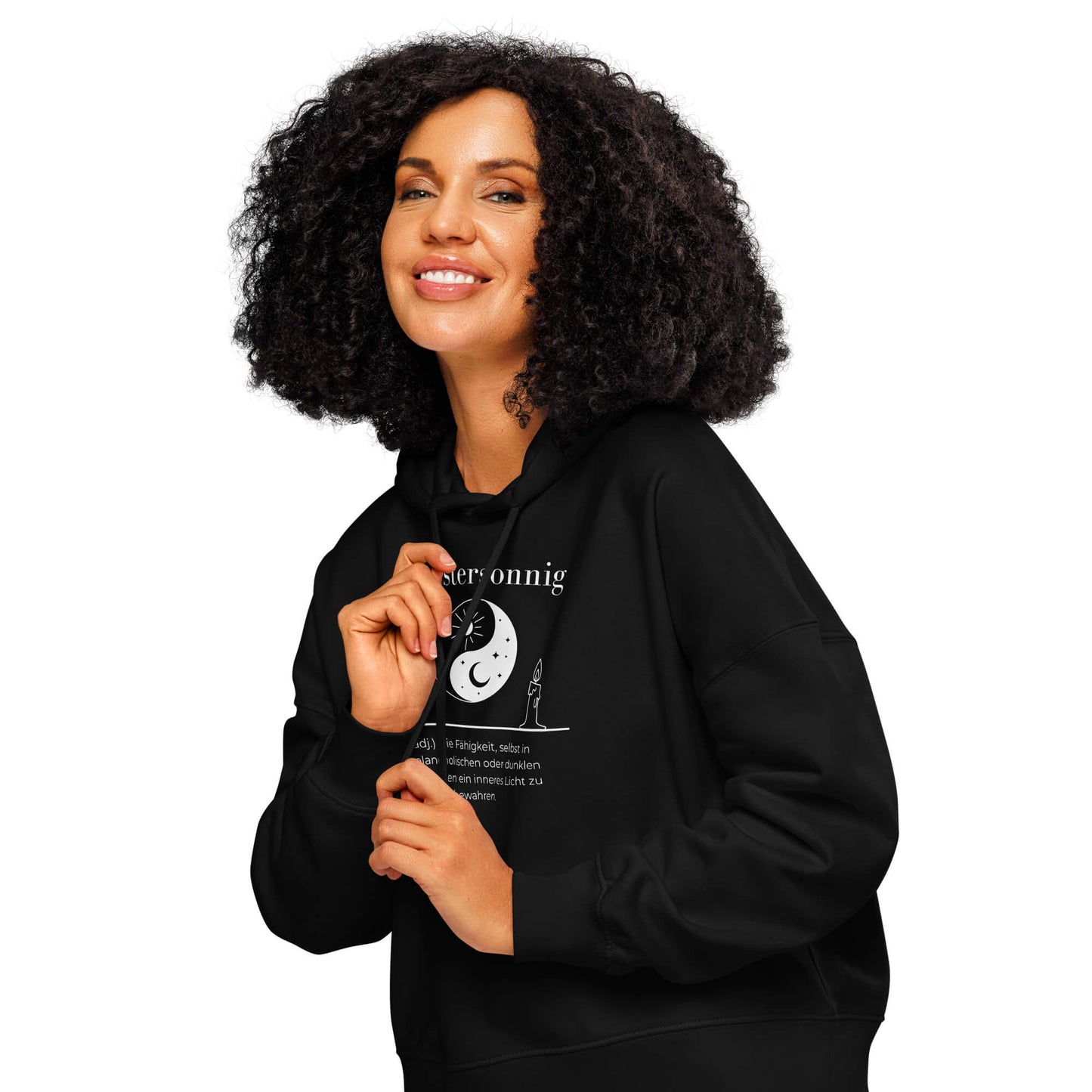 Düstersonnig Damen Hoodie – Black – Model trägt Größe S – Wortstolz