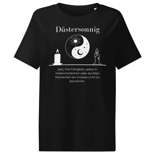 Düstersonnig Damen T-Shirt in Black – weißer Aufdruck, Bio-Baumwolle, femininer Schnitt – Wortstolz