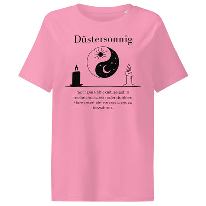 Düstersonnig Damen T-Shirt in Bubble Pink – schwarzer Aufdruck, Bio-Baumwolle, femininer Schnitt – Wortstolz
