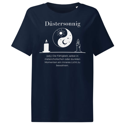 Düstersonnig Damen T-Shirt in French Navy – weißer Aufdruck, Bio-Baumwolle, femininer Schnitt – Wortstolz