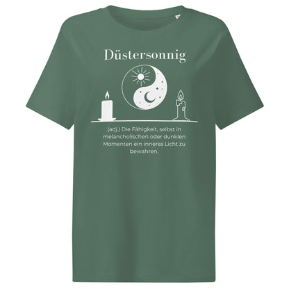 Düstersonnig Damen T-Shirt in Green Bay – weißer Aufdruck, Bio-Baumwolle, femininer Schnitt – Wortstolz