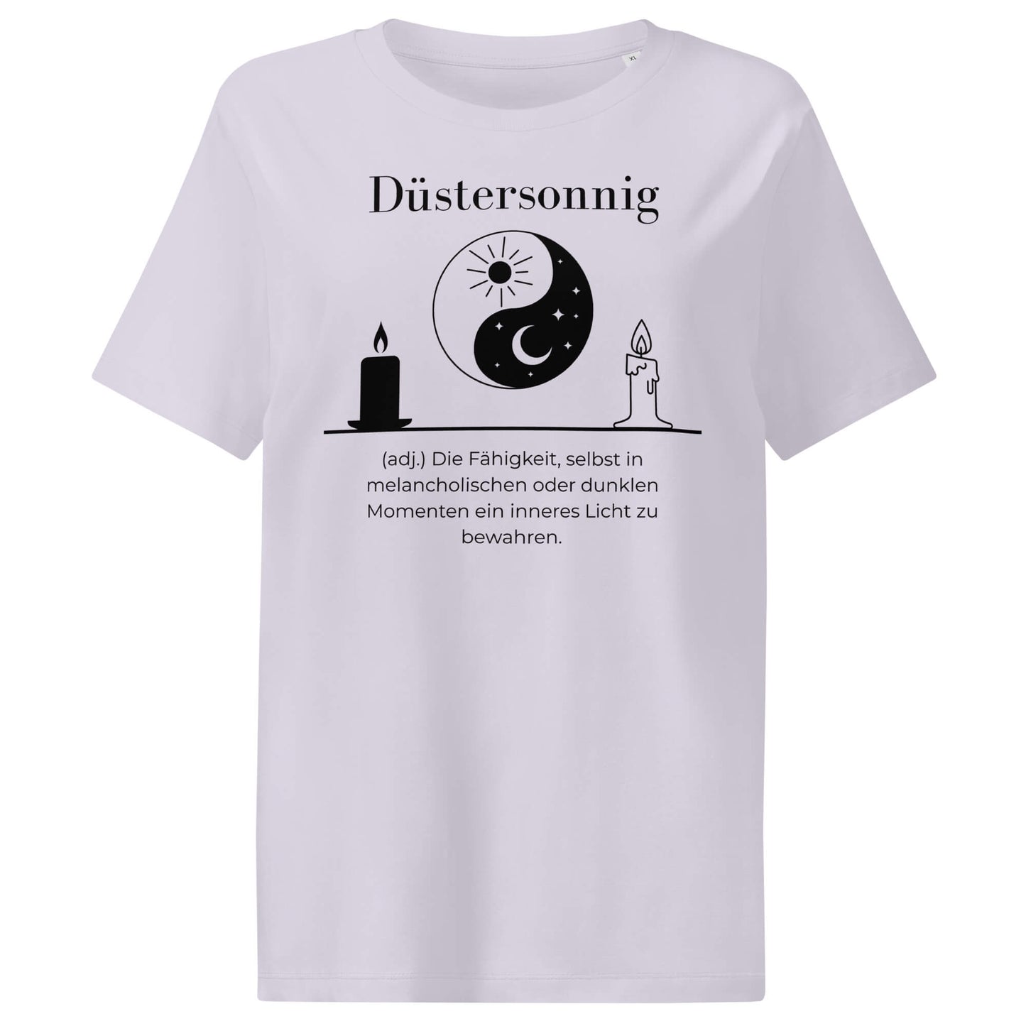 Düstersonnig Damen T-Shirt in Lavender – schwarzer Aufdruck, Bio-Baumwolle, femininer Schnitt – Wortstolz