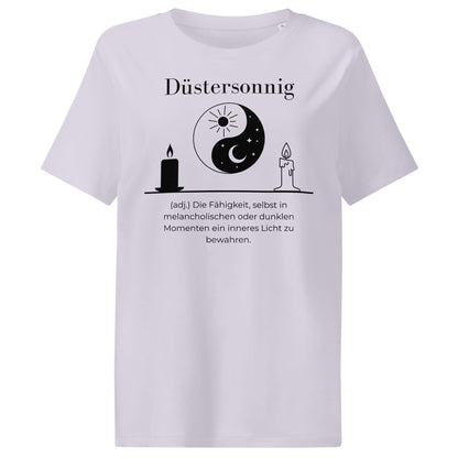 Düstersonnig Damen T-Shirt in Lavender – schwarzer Aufdruck, Bio-Baumwolle, femininer Schnitt – Wortstolz