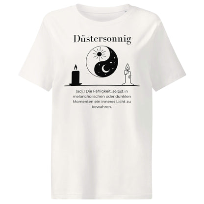 Düstersonnig Damen T-Shirt in Off White – schwarzer Aufdruck, Bio-Baumwolle, femininer Schnitt – Wortstolz