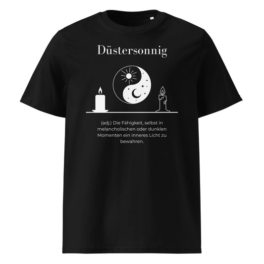 Düstersonnig Herren T-Shirt in Black – weißer Aufdruck, Bio-Baumwolle, maskuliner Schnitt – Wortstolz