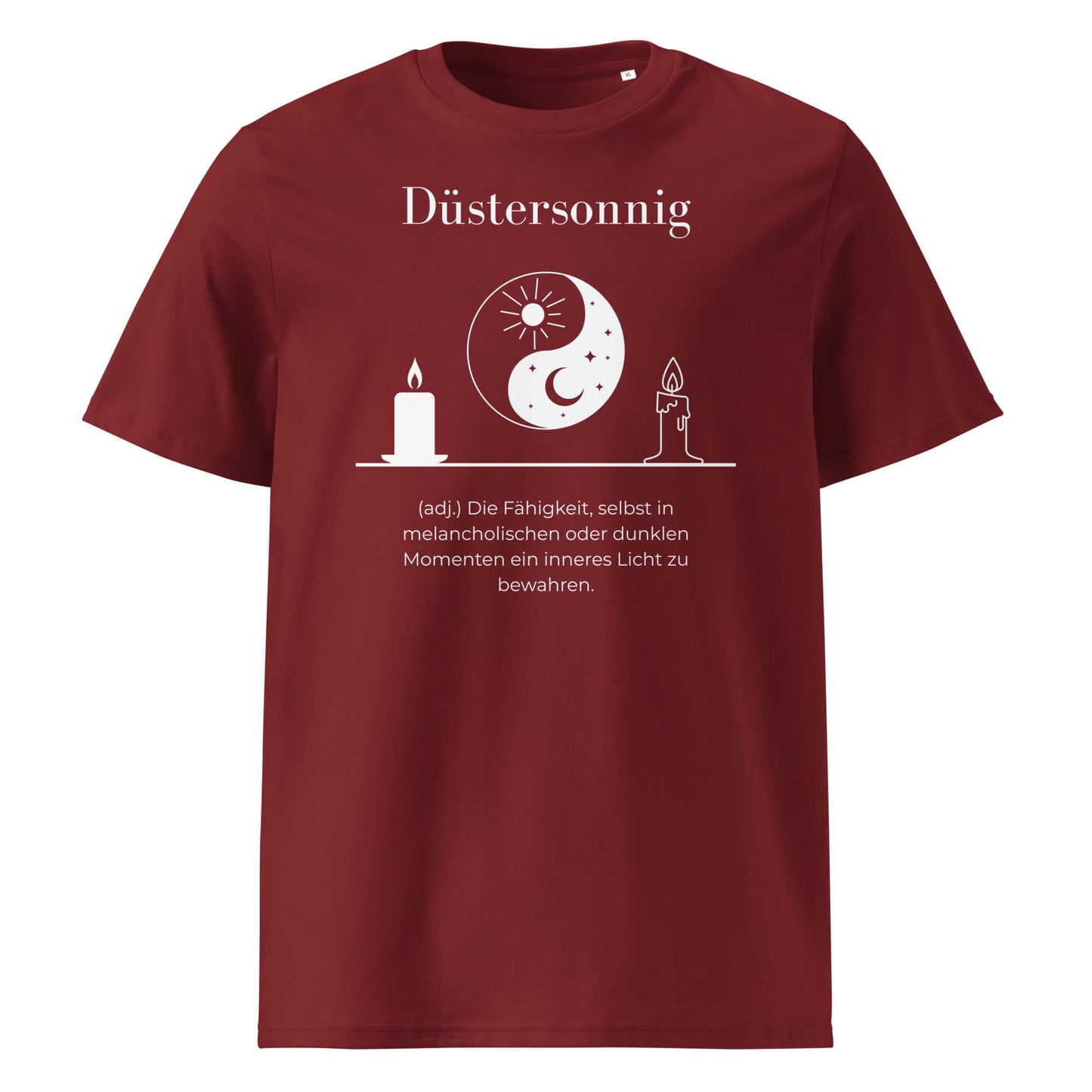 Düstersonnig Herren T-Shirt in Burgundy – weißer Aufdruck, Bio-Baumwolle, maskuliner Schnitt – Wortstolz