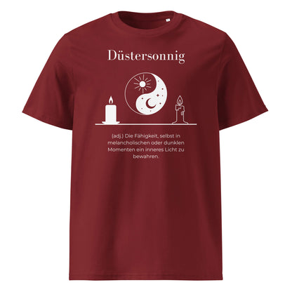 Düstersonnig Herren T-Shirt in Burgundy – weißer Aufdruck, Bio-Baumwolle, maskuliner Schnitt – Wortstolz