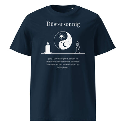 Düstersonnig Herren T-Shirt in French Navy – weißer Aufdruck, Bio-Baumwolle, maskuliner Schnitt – Wortstolz