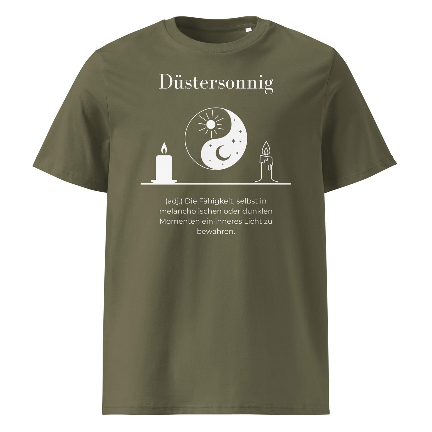 Düstersonnig Herren T-Shirt in Khaki – weißer Aufdruck, Bio-Baumwolle, maskuliner Schnitt – Wortstolz