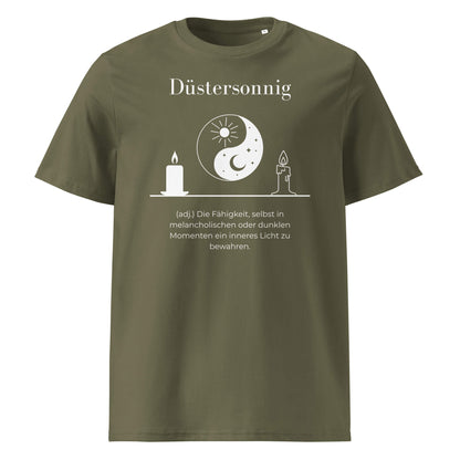 Düstersonnig Herren T-Shirt in Khaki – weißer Aufdruck, Bio-Baumwolle, maskuliner Schnitt – Wortstolz