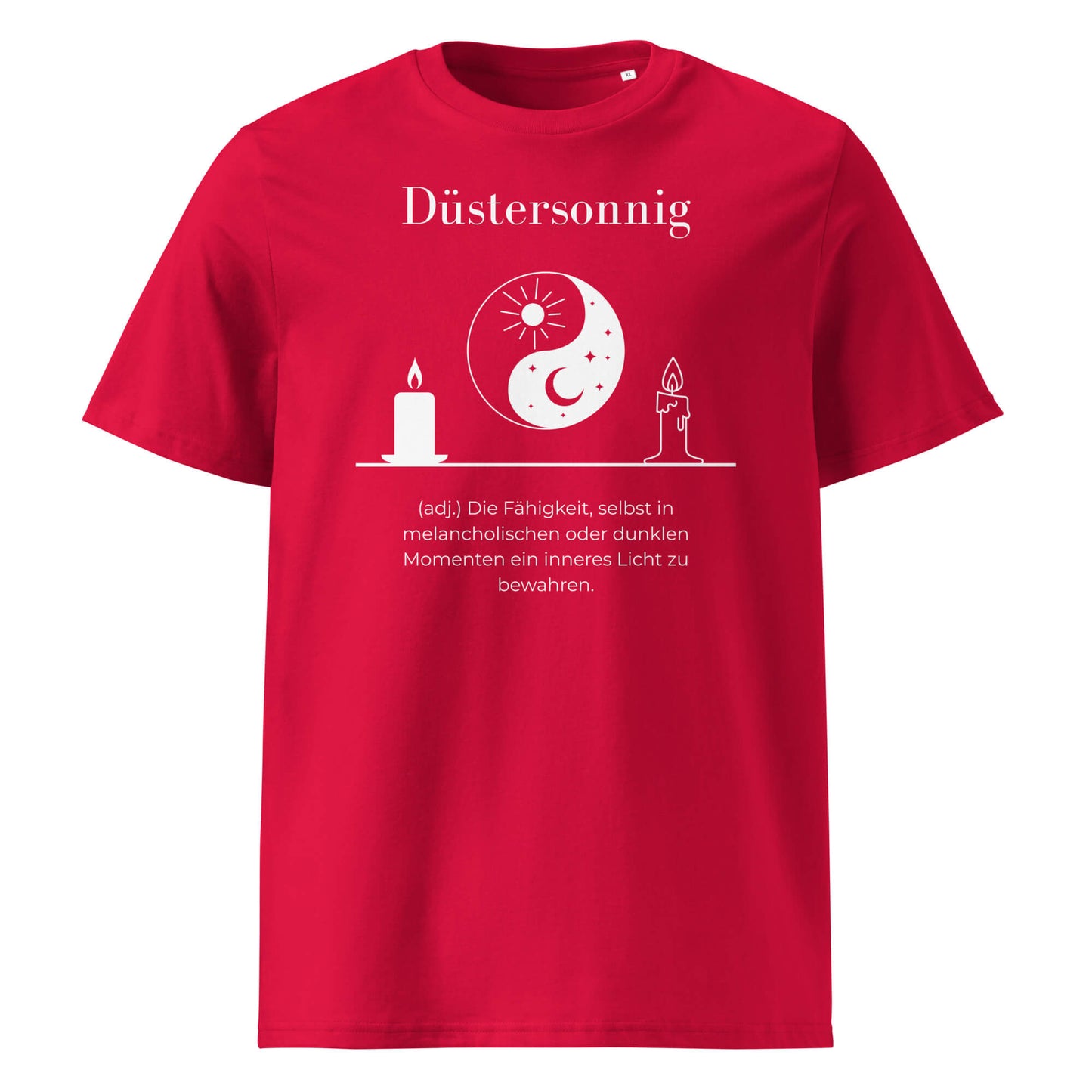 Düstersonnig Herren T-Shirt in Red – weißer Aufdruck, Bio-Baumwolle, maskuliner Schnitt – Wortstolz