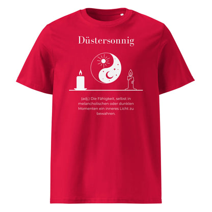 Düstersonnig Herren T-Shirt in Red – weißer Aufdruck, Bio-Baumwolle, maskuliner Schnitt – Wortstolz