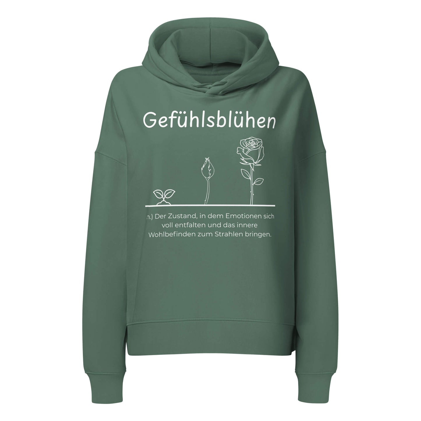 Gefühlsblühen Damen Hoodie in Green Bay – weißer Aufdruck, Bio-Baumwolle, femininer Schnitt – Wortstolz