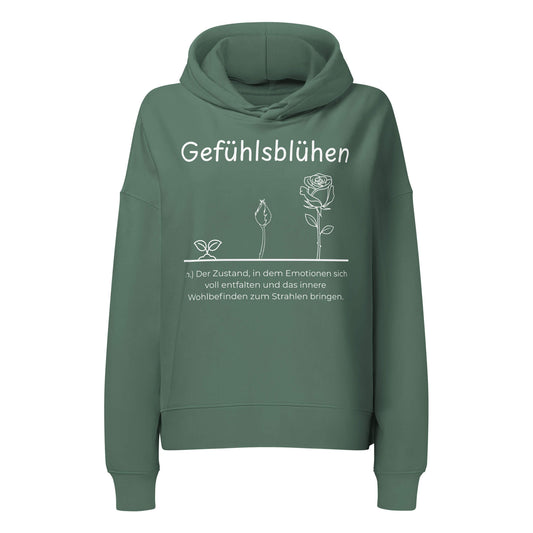 Gefühlsblühen Damen Hoodie in Green Bay – weißer Aufdruck, Bio-Baumwolle, femininer Schnitt – Wortstolz