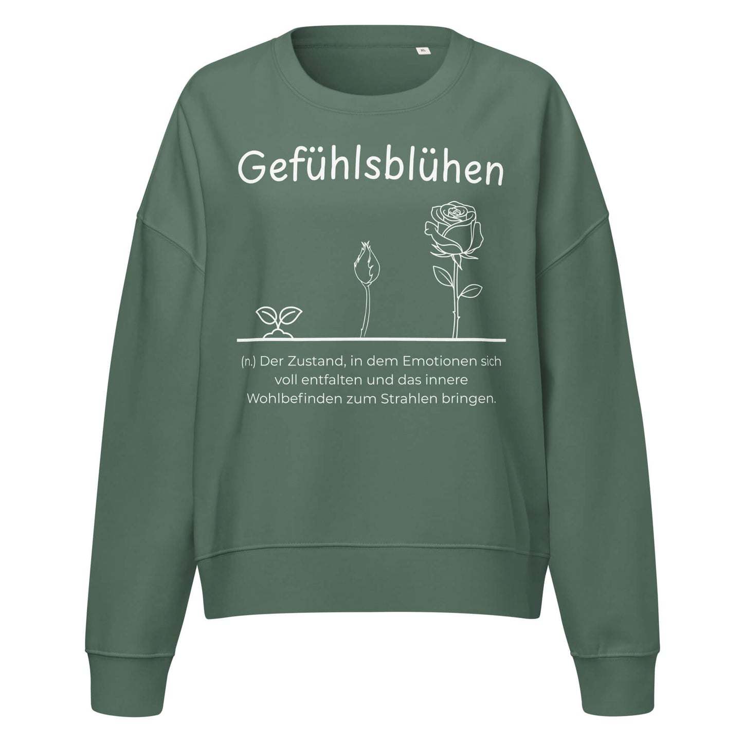 Gefühlsblühen Damen Pullover in Green Bay – weißer Aufdruck, Bio-Baumwolle, femininer Schnitt – Wortstolz