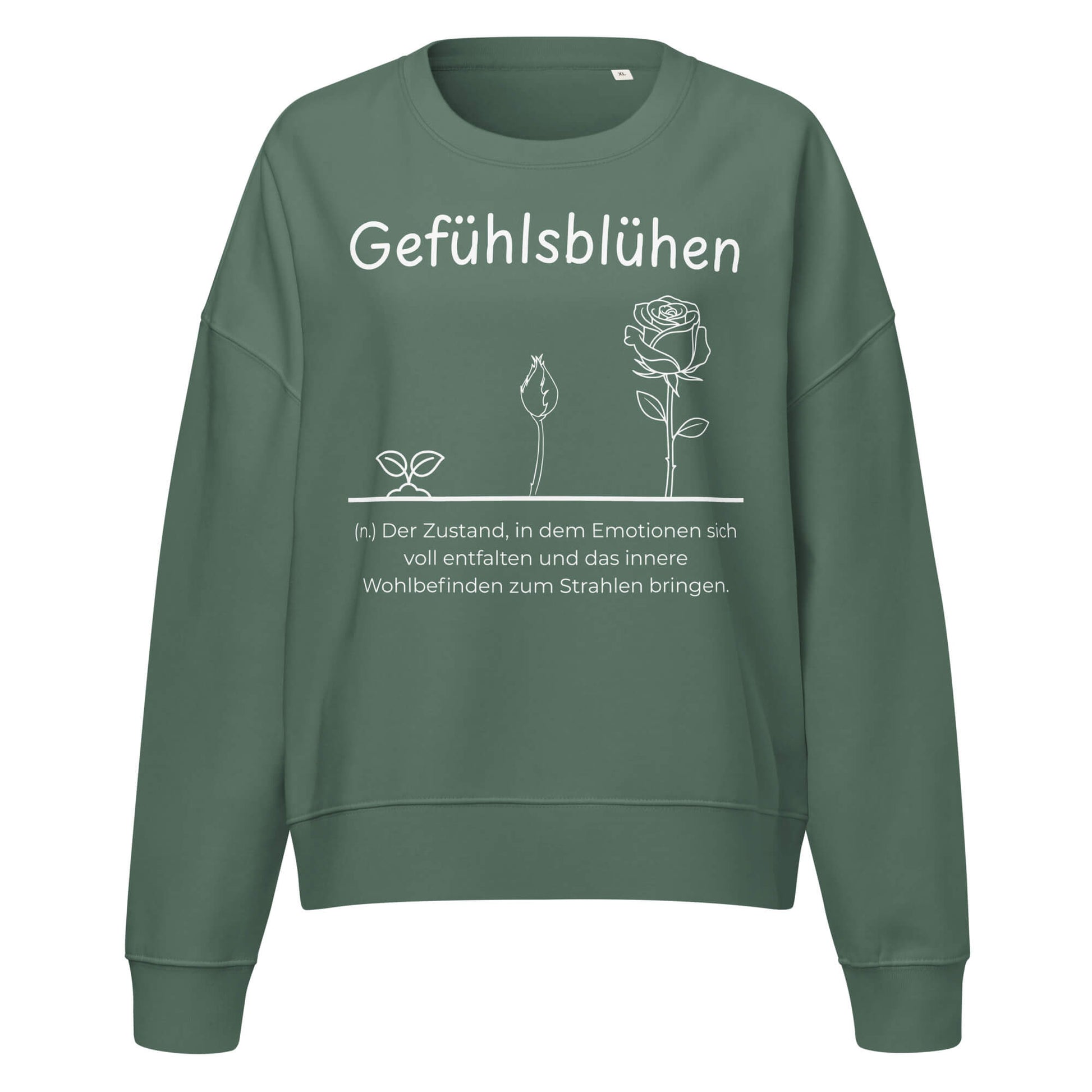 Gefühlsblühen Damen Pullover in Green Bay – weißer Aufdruck, Bio-Baumwolle, femininer Schnitt – Wortstolz