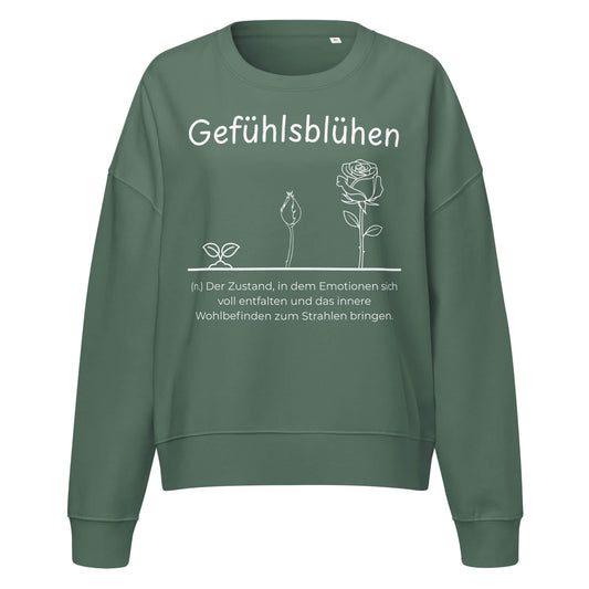 Gefühlsblühen Damen Pullover in Green Bay – weißer Aufdruck, Bio-Baumwolle, femininer Schnitt – Wortstolz