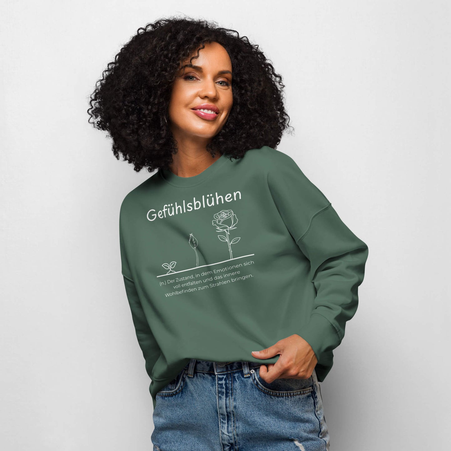 Gefühlsblühen Damen Pullover – Green Bay – Model trägt Größe S – Wortstolz