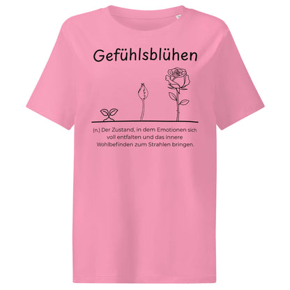 Gefühlsblühen Damen T-Shirt in Bubble Pink – schwarzer Aufdruck, Bio-Baumwolle, femininer Schnitt – Wortstolz