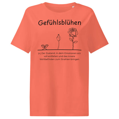 Gefühlsblühen Damen T-Shirt in Fiesta – schwarzer Aufdruck, Bio-Baumwolle, femininer Schnitt – Wortstolz
