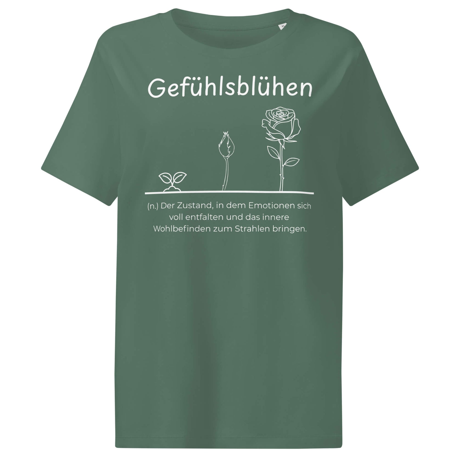 Gefühlslblühen Damen T-Shirt in Green Bay – weißer Aufdruck, Bio-Baumwolle, femininer Schnitt – Wortstolz