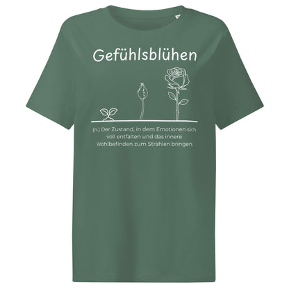 Gefühlslblühen Damen T-Shirt in Green Bay – weißer Aufdruck, Bio-Baumwolle, femininer Schnitt – Wortstolz