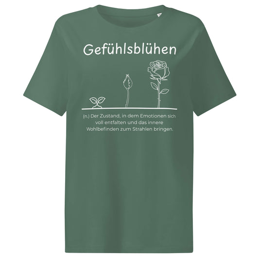 Gefühlslblühen Damen T-Shirt in Green Bay – weißer Aufdruck, Bio-Baumwolle, femininer Schnitt – Wortstolz