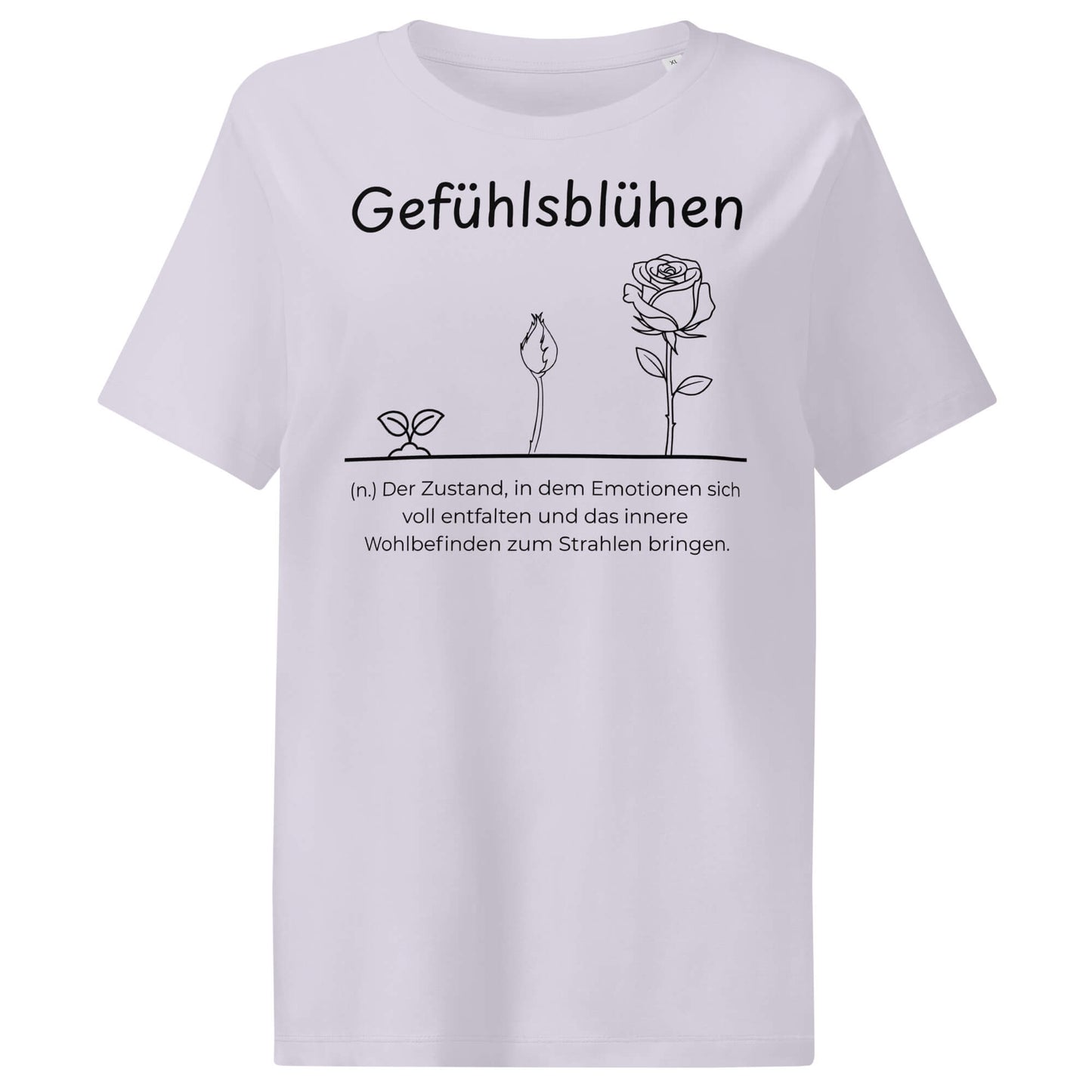 Gefühlsblühen Damen T-Shirt in Lavender – schwarzer Aufdruck, Bio-Baumwolle, femininer Schnitt – Wortstolz