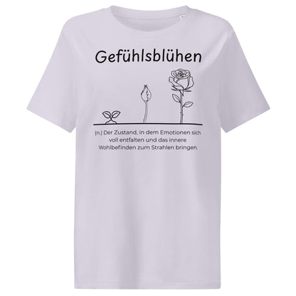 Gefühlsblühen Damen T-Shirt in Lavender – schwarzer Aufdruck, Bio-Baumwolle, femininer Schnitt – Wortstolz