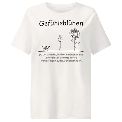 Gefühlsblühen Damen T-Shirt in Off White – schwarzer Aufdruck, Bio-Baumwolle, femininer Schnitt – Wortstolz