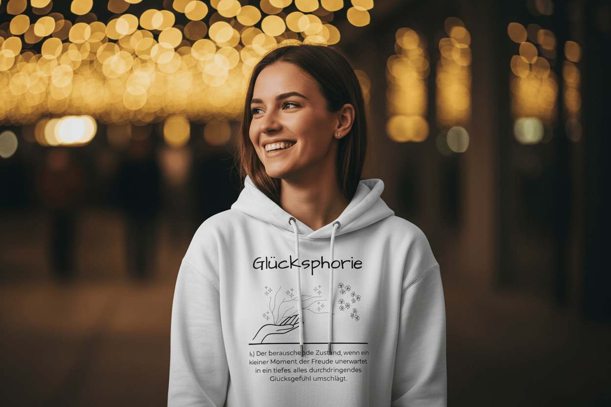 Frau trägt weißen Glücksphorie Hoodie mit Lichterketten im Hintergrund – Wortstolz Premium Hoodie mit Spruch-Design