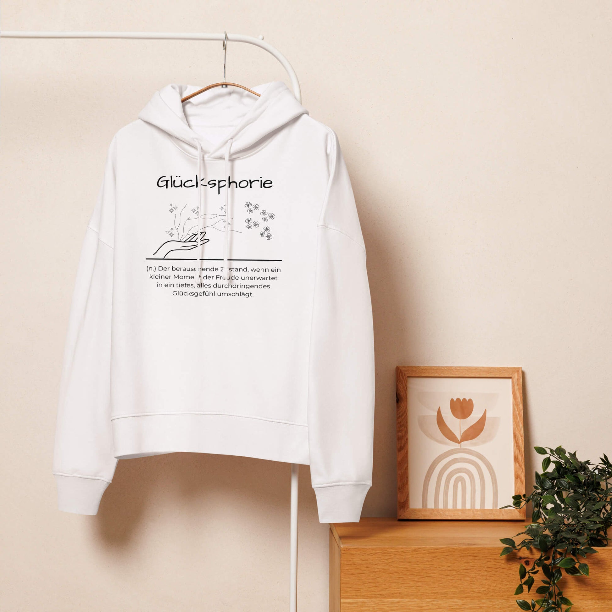 Glücksphorie Damen Hoodie – White – Hängend am Kleiderbügel – Wortstolz