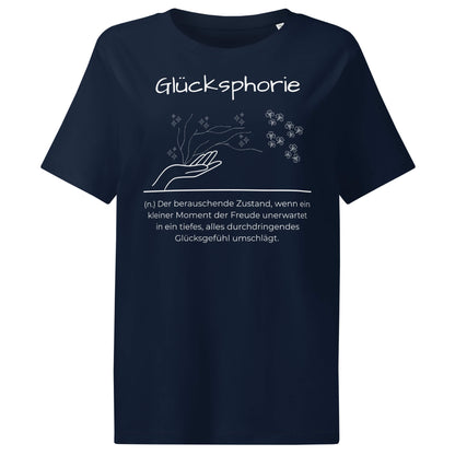 Glücksphorie Damen T-Shirt in French Navy – weißer Aufdruck, Bio-Baumwolle, femininer Schnitt – Wortstolz