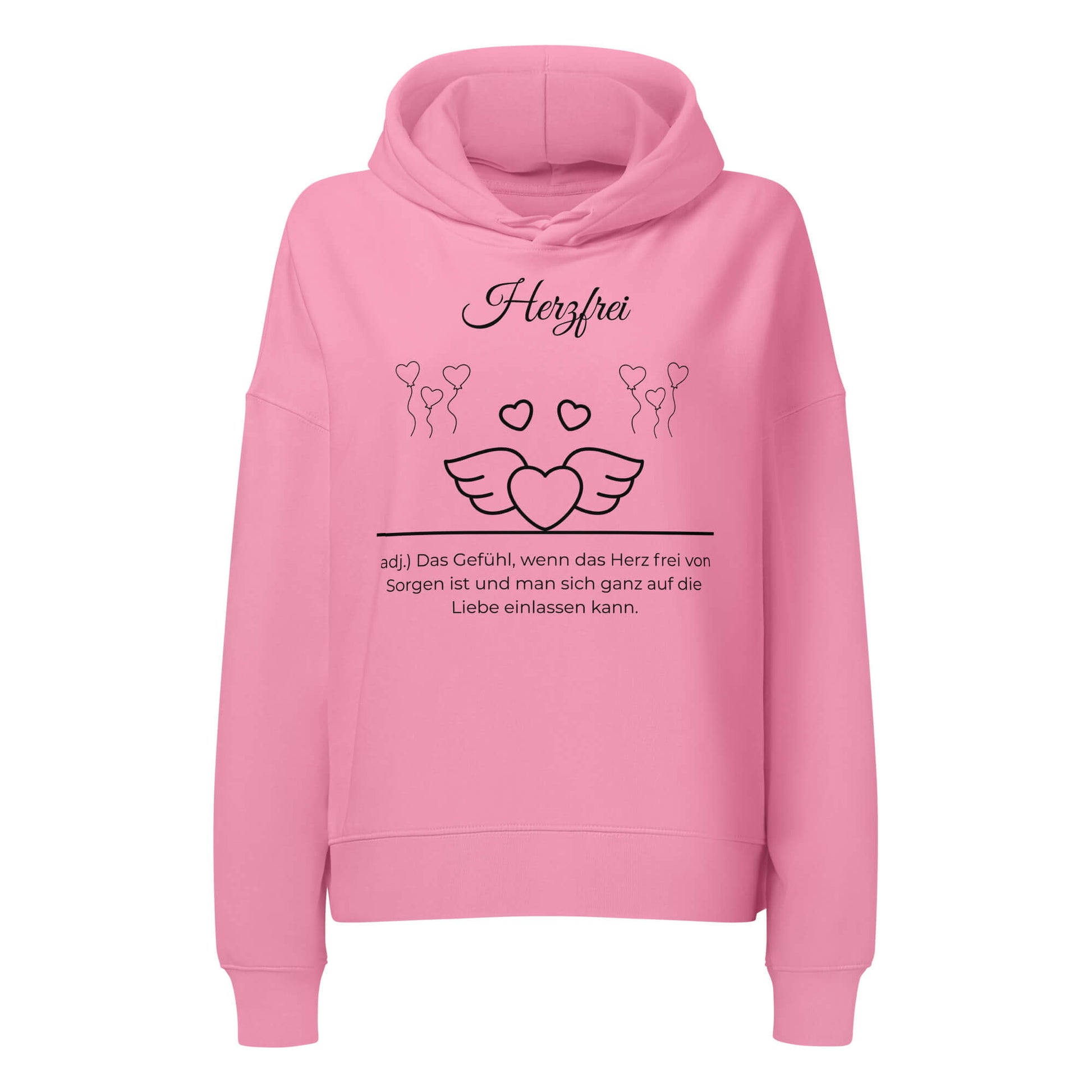 Herzfrei Damen Hoodie in Bubble Pink – schwarzer Aufdruck, Bio-Baumwolle, femininer Schnitt – Wortstolz