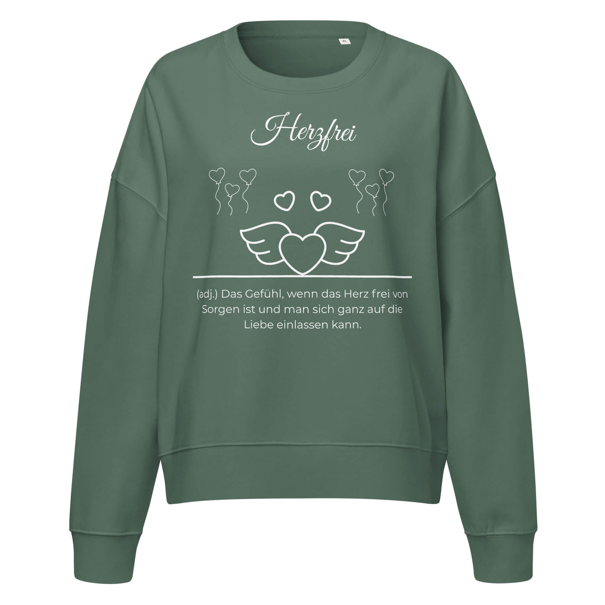 Herzfrei Damen Pullover in Green Bay – weißer Aufdruck, Bio-Baumwolle, femininer Schnitt – Wortstolz