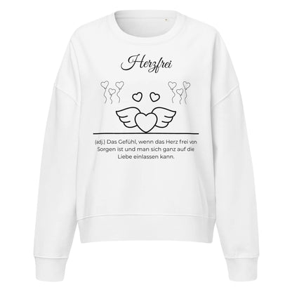Herzfrei Damen Pullover in White – schwarzer Aufdruck, Bio-Baumwolle, femininer Schnitt – Wortstolz