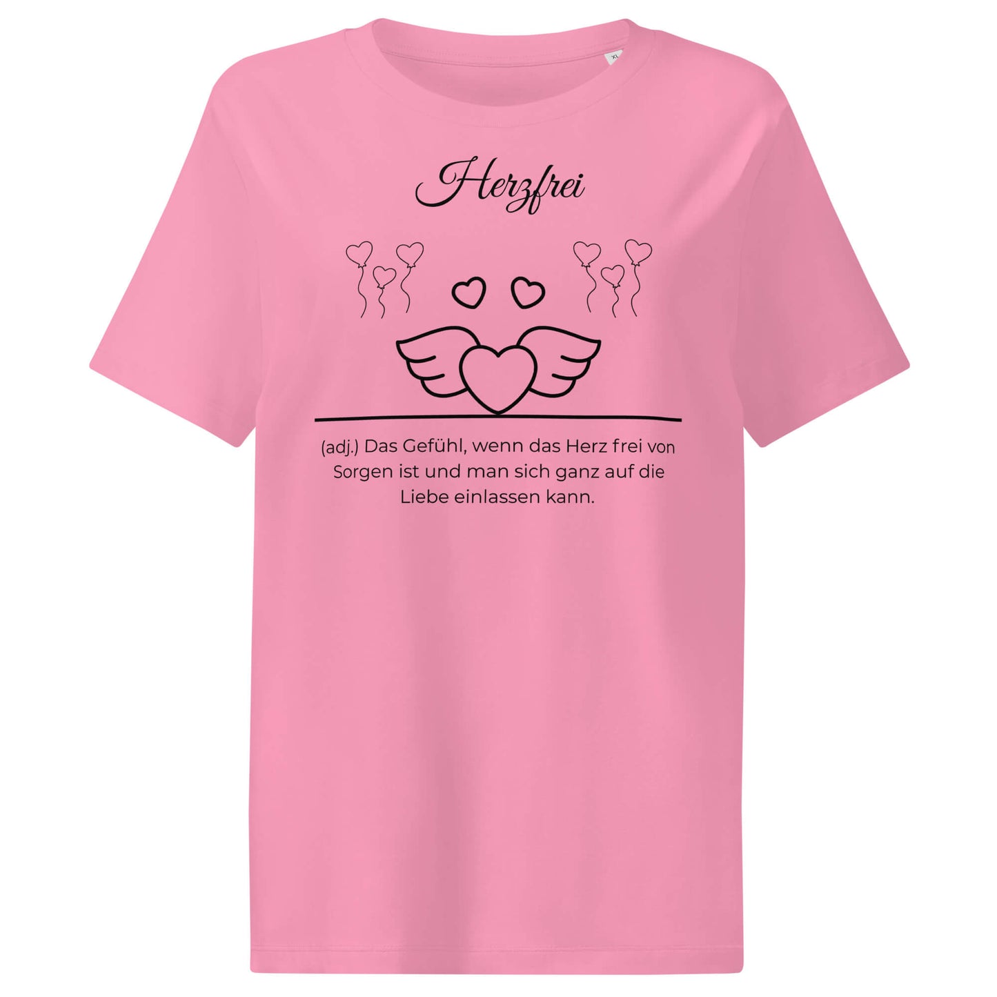 Herzfrei Damen T-Shirt in Bubble Pink – schwarzer Aufdruck, Bio-Baumwolle, femininer Schnitt – Wortstolz
