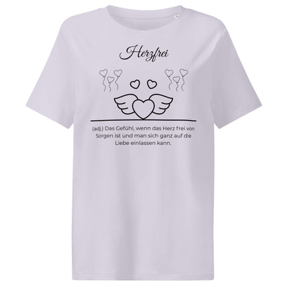 Herzfrei Damen T-Shirt in Lavender – schwarzer Aufdruck, Bio-Baumwolle, femininer Schnitt – Wortstolz