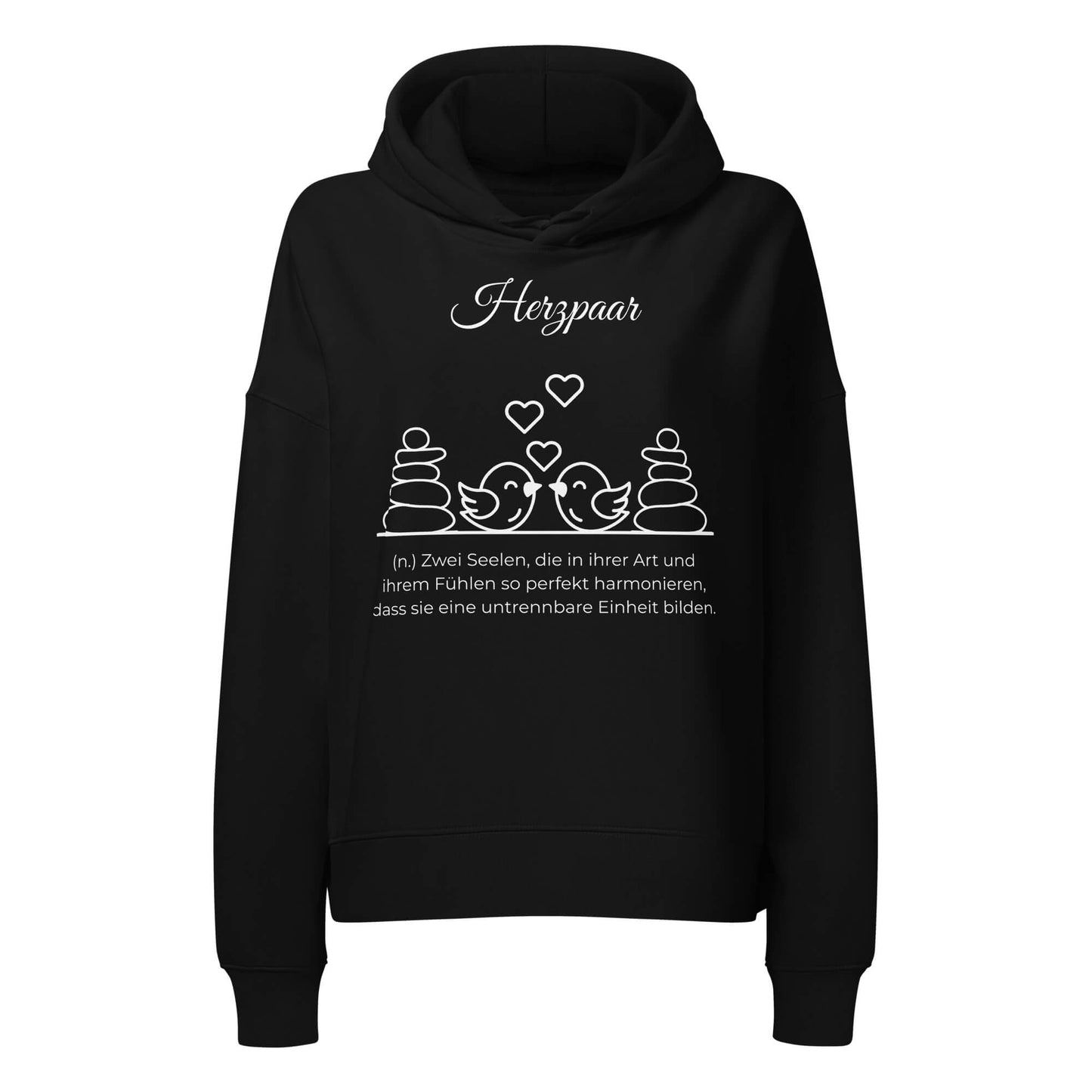 Herzpaar Damen Hoodie in Black – weißer Aufdruck, Bio-Baumwolle, femininer Schnitt – Wortstolz