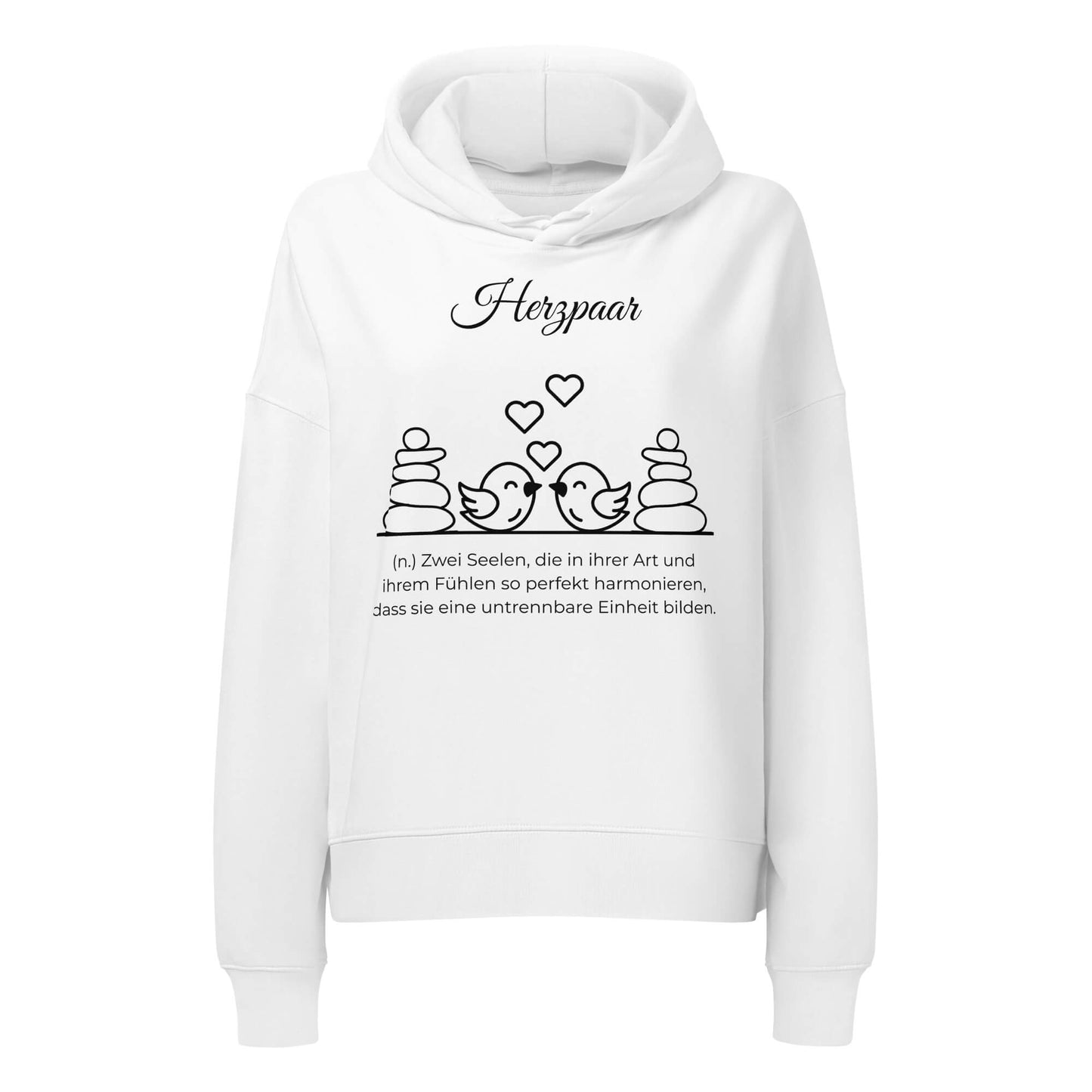 Herzpaar Damen Hoodie in White – schwarzer Aufdruck, Bio-Baumwolle, femininer Schnitt – Wortstolz