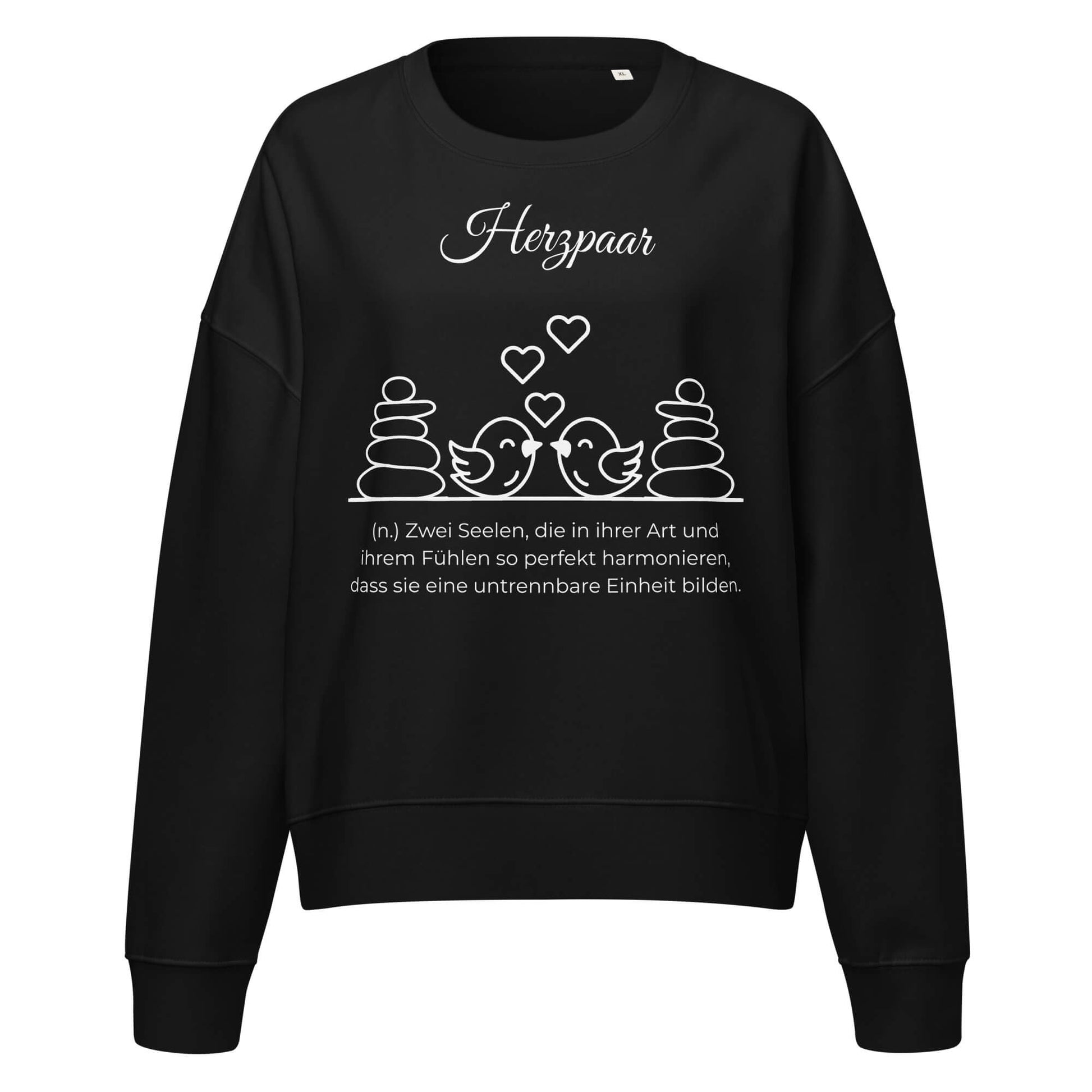 Herzpaar Damen Pullover in Black – weißer Aufdruck, Bio-Baumwolle, femininer Schnitt – Wortstolz