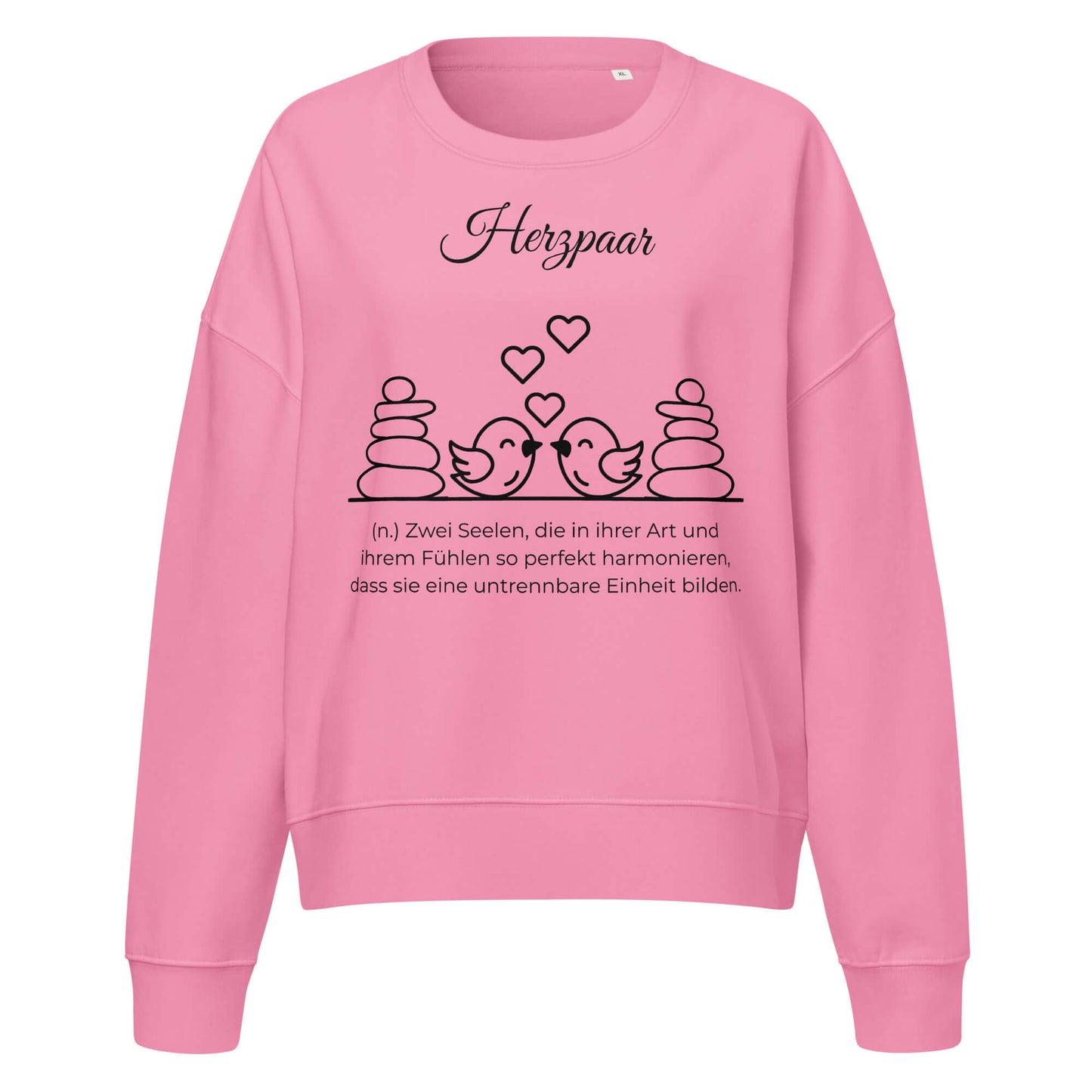 Herzpaar Damen Pullover in Bubble Pink – schwarzer Aufdruck, Bio-Baumwolle, femininer Schnitt – Wortstolz